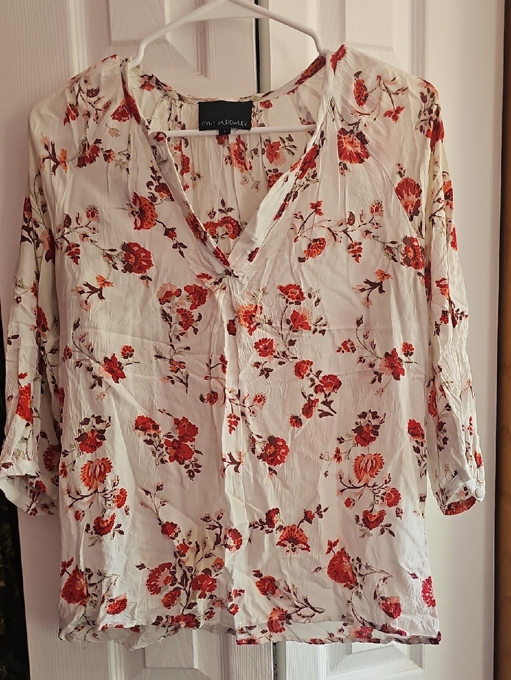 Cynthia Rowley Ivory Blouse with Red Floral Print